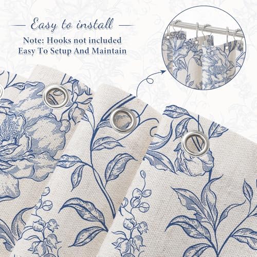 Blue Boho Linen Fabric Shower Curtain , Farmhouse Floral For Bathroom