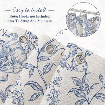 Blue Boho Linen Fabric Shower Curtain , Farmhouse Floral For Bathroom