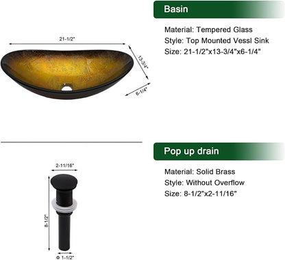 Sarlai Boat Shape Bathroom Vessel Sink with Black Faucet and Pop-up Drain Set 21x14 Inch Modern Artistic Tempered Glass Basin Countertop Bowl Sink for Lavatory Vanity Cabinet