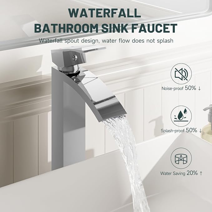 Chrome Vessel Sink Faucet, Waterfall Bathroom Faucets | Brass, Tall Spout, 1 Hole Single Handle Bathroom Faucet, Modern Basin Taps with Supply Line, Pop Up Drain, Without Overflow