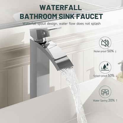 Chrome Vessel Sink Faucet, Waterfall Bathroom Faucets | Brass, Tall Spout, 1 Hole Single Handle Bathroom Faucet, Modern Basin Taps with Supply Line, Pop Up Drain, Without Overflow