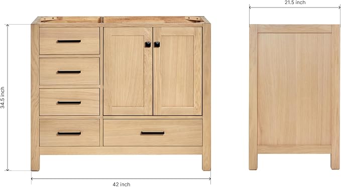ARIEL Cambridge 42-inch Bathroom Vanity Base Cabinet,Solid Wood, 2 Soft Closing Doors, 5 Dovetail Drawers, White Oak