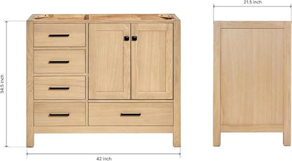 ARIEL Cambridge 42-inch Bathroom Vanity Base Cabinet,Solid Wood, 2 Soft Closing Doors, 5 Dovetail Drawers, White Oak