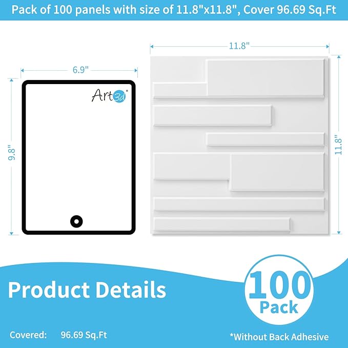 Art3d 100 Pack Decorative 3D Wall Panels, 97 Sq.Feet PVC Interior Wall Décor, 11.8"x11.8", White