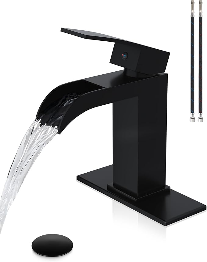 Midanya Waterfall Bathroom Faucet, Single Handle Bathroom Sink Faucet for Sink 1 or 4 Inch 3 Hole, Stainless Steel Vanity Faucets with Deck Plate and Pop up Drain,Matte Black