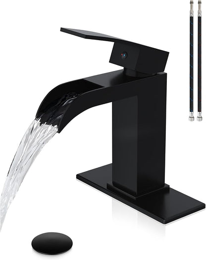 Midanya Waterfall Bathroom Faucet, Single Handle Bathroom Sink Faucet for Sink 1 or 4 Inch 3 Hole, Stainless Steel Vanity Faucets with Deck Plate and Pop up Drain,Matte Black