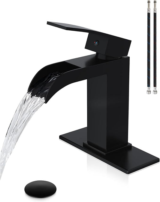 Midanya Waterfall Bathroom Faucet, Single Handle Bathroom Sink Faucet for Sink 1 or 4 Inch 3 Hole, Stainless Steel Vanity Faucets with Deck Plate and Pop up Drain,Matte Black
