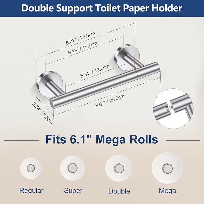 TQKAG Brushed Nickel Toilet Paper Holder, 5 Piece Towel Racks for Bathroom | 23.6" Bathroom Hardware Set, SUS304 Stainless Steel, Double Post Pivoting, Towel Hooks, Toilet Paper Holder Set Wall Mounted
