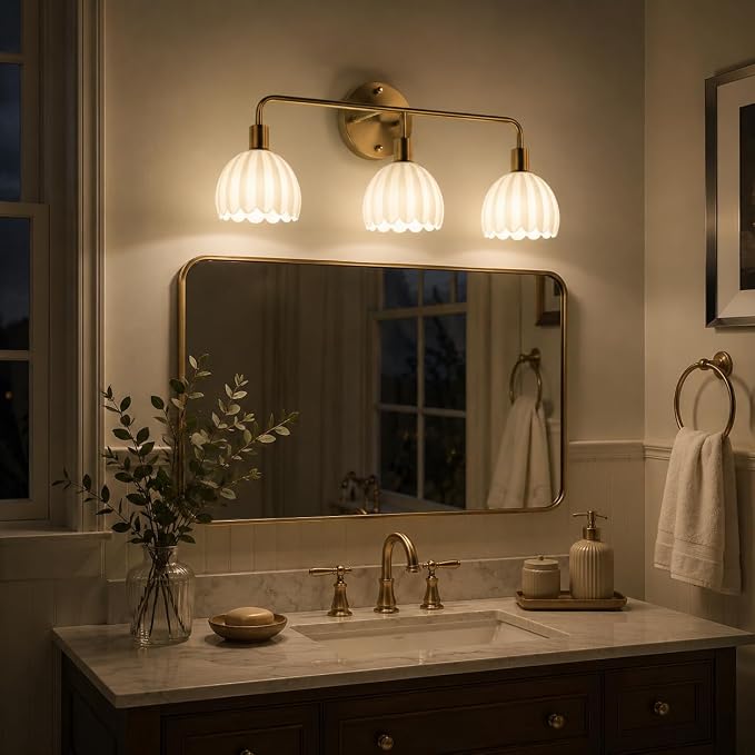 Brushed Gold 3-Light Vanlity Light Over Mirror,Wall Sconces,Gold Brass Bathroom Light Fixture with White Glass Flower Shade,E26 Socket(Bulbs Not Included)