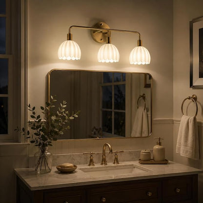 Brushed Gold 3-Light Vanlity Light Over Mirror,Wall Sconces,Gold Brass Bathroom Light Fixture with White Glass Flower Shade,E26 Socket(Bulbs Not Included)