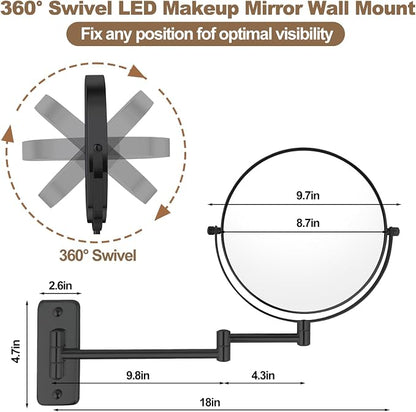 8” Wall Mounted Makeup Mirror with10X Magnification, Double Sided Shaving Mirror Wall Mount for Bathroom, 360° Swivel Extendable Vanity Mirror with Adjustable Arm for Daily Use, Matte Black（No Light）