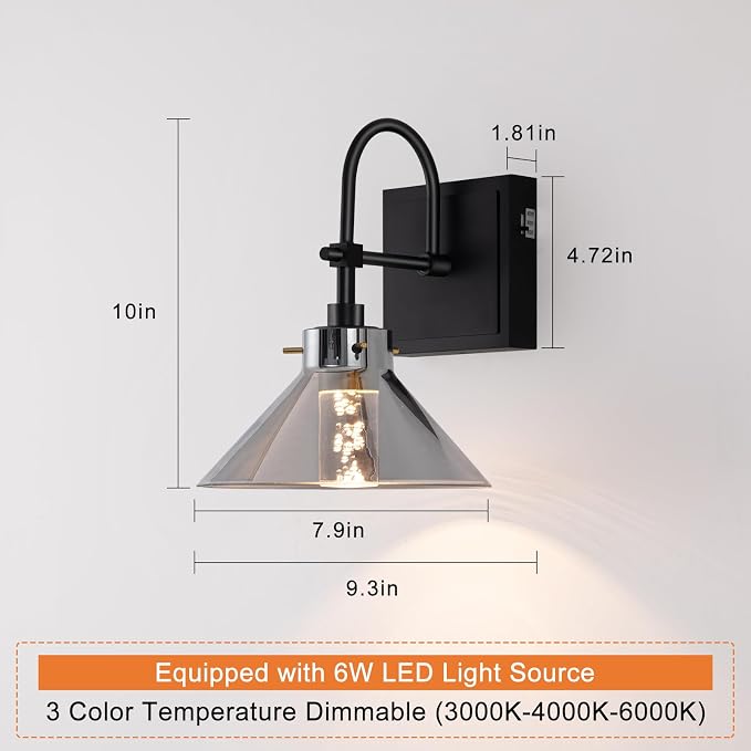 Modern Glass Gooseneck Wall Sconce, Dimmable Hardwired Vanity Light with Switch, Farmhouse Lamp for Bathroom Mirror Living Room Bedroom Kitchen