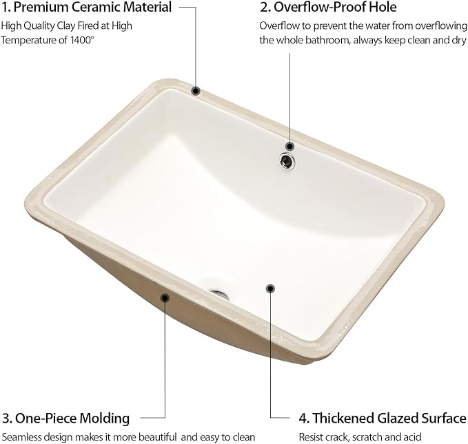 18 Inch Undermount Bathroom Sink - 18"x14" White Rectangle Porcelain Ceramic Sink with Overflow,Compact Undercounter Vanity Lavatory for Bathrooms