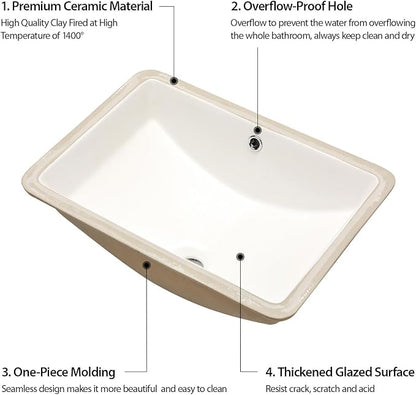18 Inch Undermount Bathroom Sink - 18"x14" White Rectangle Porcelain Ceramic Sink with Overflow,Compact Undercounter Vanity Lavatory for Bathrooms