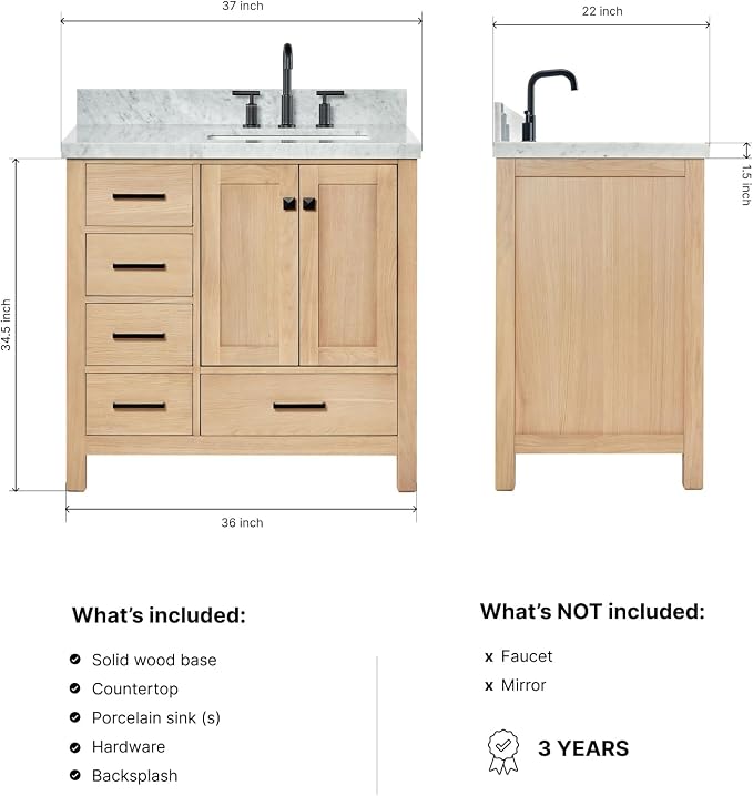 ARIEL Cambridge 36-inch Bathroom Vanity with Sink,Solid Wood, 1.5-inch Italian Carrara Marble Countertop, Single Rectangular Porcelain Sink, 2 Soft Closing Doors, 5 Dovetail Drawers, White Oak
