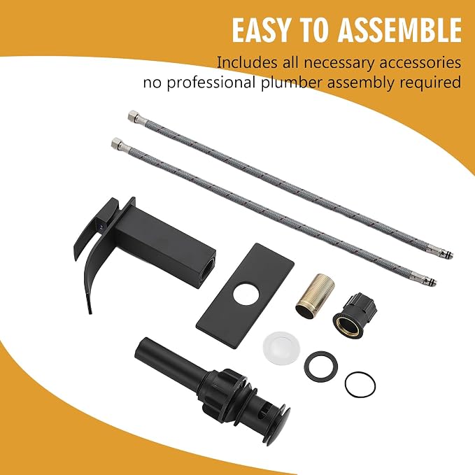 Bathroom Sink Faucet, Waterfall Bathroom Faucet with Pop-up Drain, Supply Hoses and Deck Plate, Suitable for 1 or 3 Holes, Mate Black