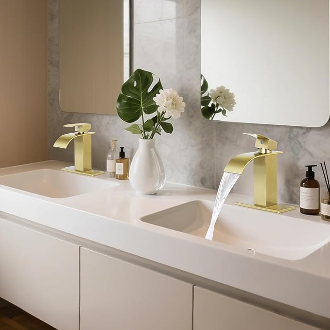Bathroom Faucets Brushed Gold Waterfall Bathroom Sink Faucet 2 Pack | with Pop-up Drain & Deck,Supply Hoses,Single Handle Vanity Faucet,Stainless Steel,1 or 3 Hole,RV,Farmhouse Bathrooms