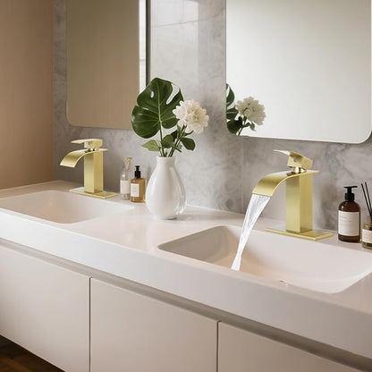 Bathroom Faucets Brushed Gold Waterfall Bathroom Sink Faucet 2 Pack | with Pop-up Drain & Deck,Supply Hoses,Single Handle Vanity Faucet,Stainless Steel,1 or 3 Hole,RV,Farmhouse Bathrooms