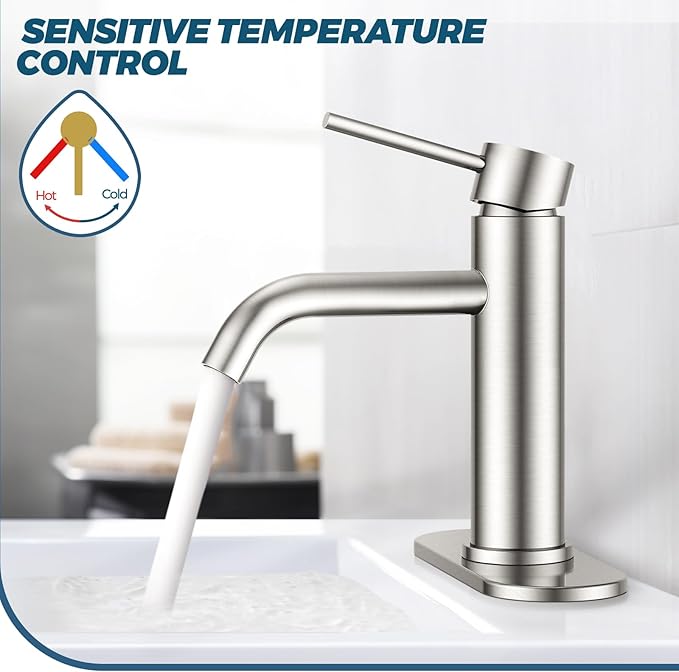 FORIOUS Single Hole Bathroom Faucets 1 Handle, Brushed Nickel 3 Hole Bathroom Sink Faucet with Metal Pop up Drain and Supply Hose, Suitable for Vanity Lavatory Restroom Remodel