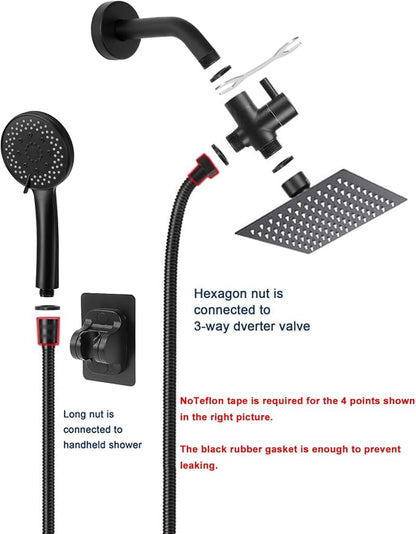 NearMoon Filtered Rain Shower Head, High Pressure 8″Square, and 5 settings Handheld Shower Filter Combo with Self-adhesive Holder/1.5M Hose -1 Replaceable Filter Cartridge (Matte Black)