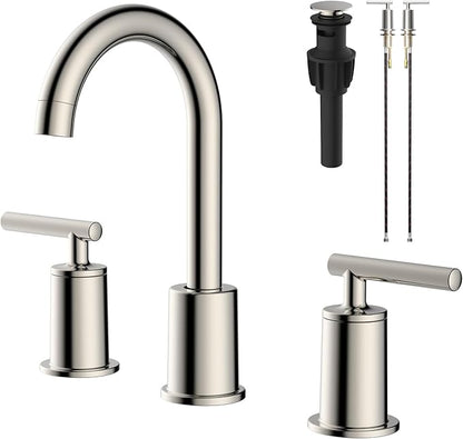 VXV Brushed Nickel Bathroom Faucet 3 Hole Widespread with Easy Installation, 2-Handle 8 Inch Bathroom Sink Faucet 360° Swivel Spout, Pre-Attached Hoses & Drain Included, Vanity Faucet for Bath Sink