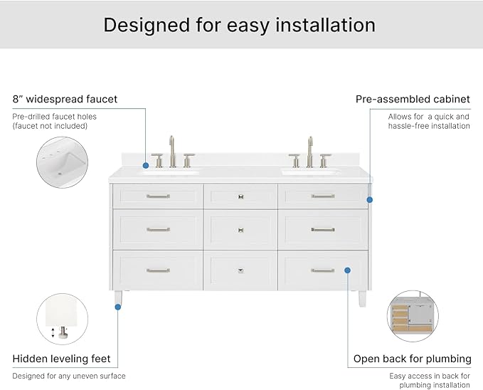 ARIEL Monroe 72-inch Bathroom Vanity with Sink,Solid Wood, 1.5-inch Carrara White Quartz Countertop & Backsplash, Double Oval Porcelain Sink, 9 Dovetail Drawers, Brushed Nickel, White