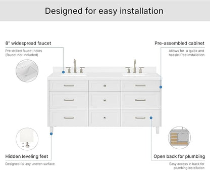 ARIEL Monroe 72-inch Bathroom Vanity with Sink,Solid Wood, 1.5-inch Carrara White Quartz Countertop & Backsplash, Double Oval Porcelain Sink, 9 Dovetail Drawers, Brushed Nickel, White