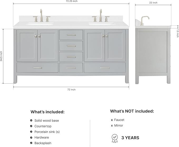 DKB Beckford 72 Inch Bathroom Vanity Double Sink — Grey Bathroom Vanity with Sink, 1.5" Edge Carrara White Quartz Countertop & Backsplash, 4 Soft-Close Doors, 6 Dovetail Drawers