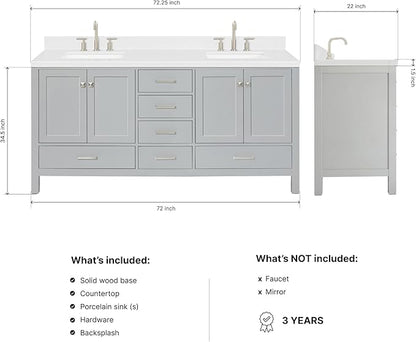 DKB Beckford 72 Inch Bathroom Vanity Double Sink — Grey Bathroom Vanity with Sink, 1.5" Edge Carrara White Quartz Countertop & Backsplash, 4 Soft-Close Doors, 6 Dovetail Drawers