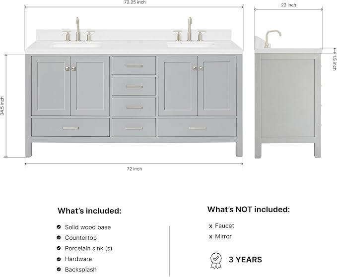 ARIEL Cambridge 72-inch Bathroom Vanity with Sink,Solid Wood, 1.5-inch Carrara White Quartz Countertop, Double Rectangular Porcelain Sink, 4 Soft Closing Doors, 6 Dovetail Drawers, Grey