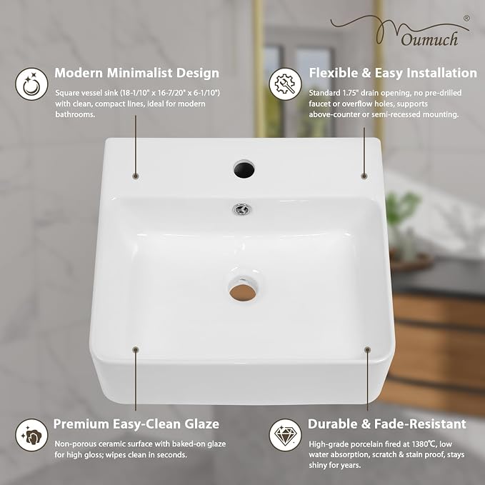 White Rectangle Vessel Sink, 18"W x16"D Bathroom Sink Above Counter Modern Porcelain Ceramic Vessel Sink, Vanity Art Basin for Bathrooms
