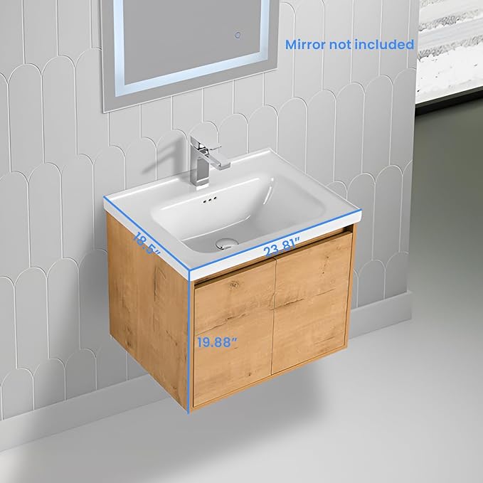Blossom 24 Inch Classic Oak Plywood Bathroom Vanity with Ceramic Sink, Modern Wall Mounted Floating Bathroom Vanity Cabinet with Soft Close Doors and Moisture Resistant Finish