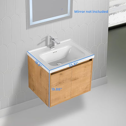 Blossom 24 Inch Classic Oak Plywood Bathroom Vanity with Ceramic Sink, Modern Wall Mounted Floating Bathroom Vanity Cabinet with Soft Close Doors and Moisture Resistant Finish