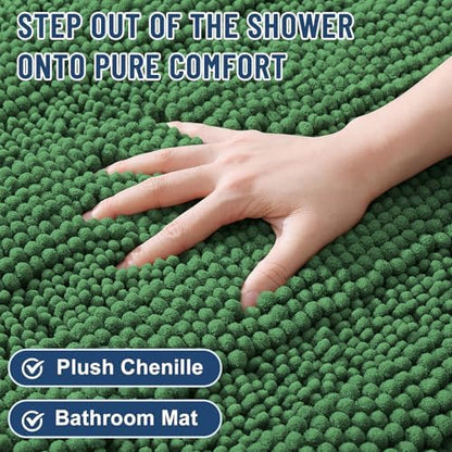 Grandaily Chenille Striped Bathroom Rugs 44x24, Extra Thick and Soft Absorbent Bath Mats, Rubber Backing, Plush Shaggy Shower Carpet, Machine Wash Dry, Bath Rug for Bathroom, Olive Green