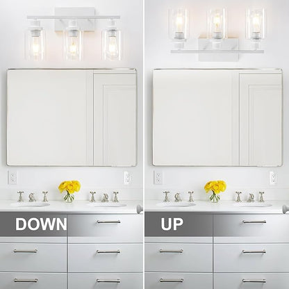3 Light White Bathroom Light Fixtures Vanity Light Over Mirror Modern Wall Lighting Sconces Rustic Industrial Wall Lamp for Bathroom, Bedroom, Living Room E26 Socket with Glass Shade