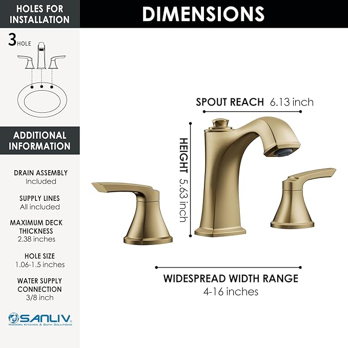 Widespread Bathroom Faucet 3 Hole, Brushed Gold 4-16 Inch Bathroom Sink Faucets, Two Handle Vanity Faucet 3 Holes with Drain Assembly, Brushed Gold