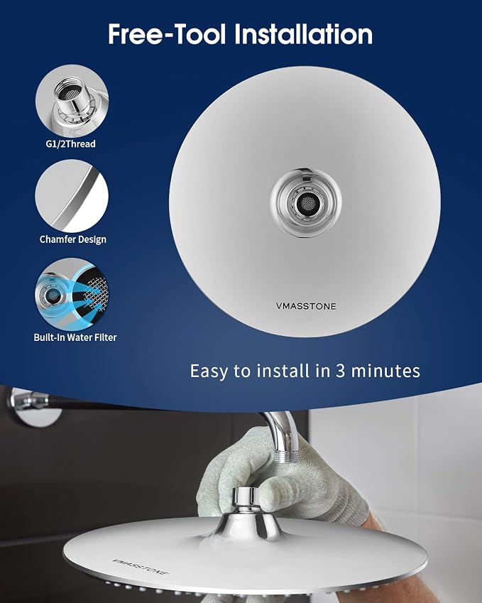 Waterfall Showerhead VMASSTONE High Pressure Showerhead - Tool Free Installation- with Large Spray Surfaces and 200 Nozzles for Delicate and Unstimulate Shower Experience (EM-001 Chrome/Light Grey)