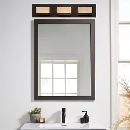 Kira Home Everett 24" Modern Integrated LED 3-Light Bathroom Vanity Light | 30W 3000K Warm White Light, Minimalist Bathroom Wall Sconce with Frosted Acrylic Blocks, Oil Rubbed Bronze Finish