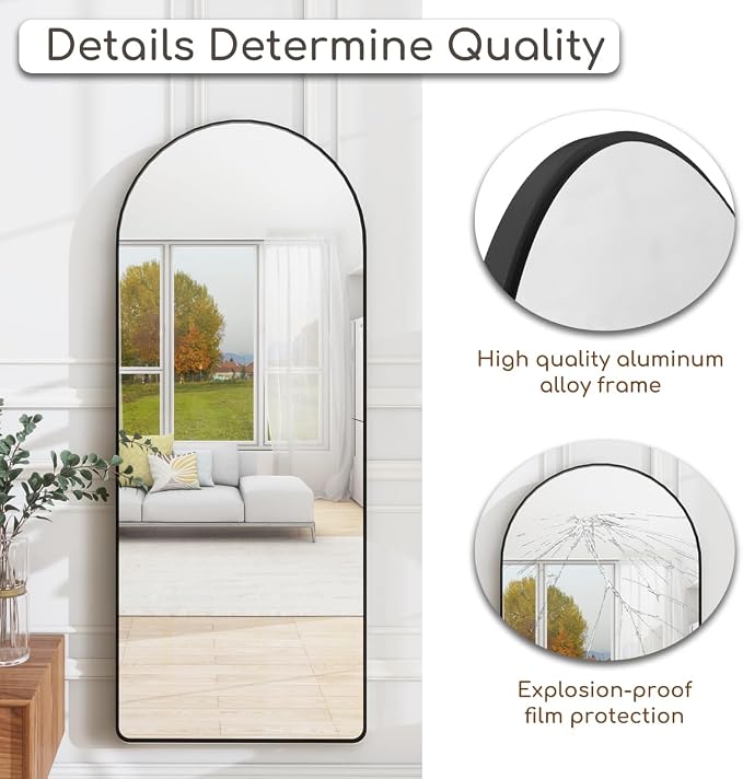 Dewfig Mirror Full Length, 64"X21" Arched Floor Mirror, Round Corner, Black | Aluminum Alloy Frame Full Body Mirror, HD Shatterproof Tempered Glass, Lean/Stand/Wall for Living Room,Bedroom, Dressing Room