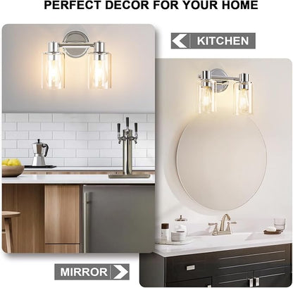 2 Light Bathroom Wall Sconce Light Fixtures with Clear Glass Bathroom Wall Lights Over Mirror Vanity Lights Chrome with E26 Base