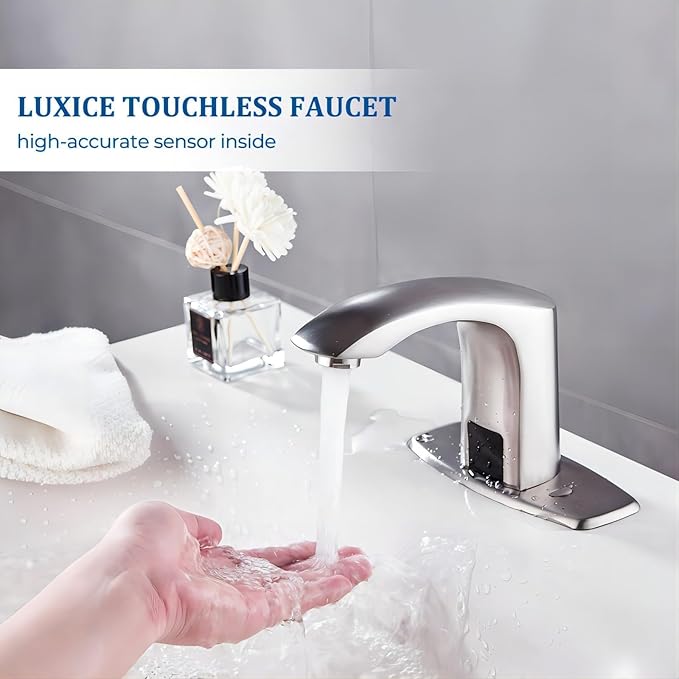 Luxice Sensor Automatic Touchless Bathroom Sink Faucet Hot & Cold Mixer Cover Plate Included Faucet, Brushed Nickel