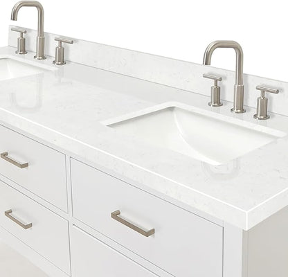 ARIEL Hutton 72-inch Bathroom Vanity with Sink,Solid Wood, 1.5-inch Carrara White Quartz Countertop & Backsplash, Double Rectangular Porcelain Sink, 3 Dovetail Drawers, White