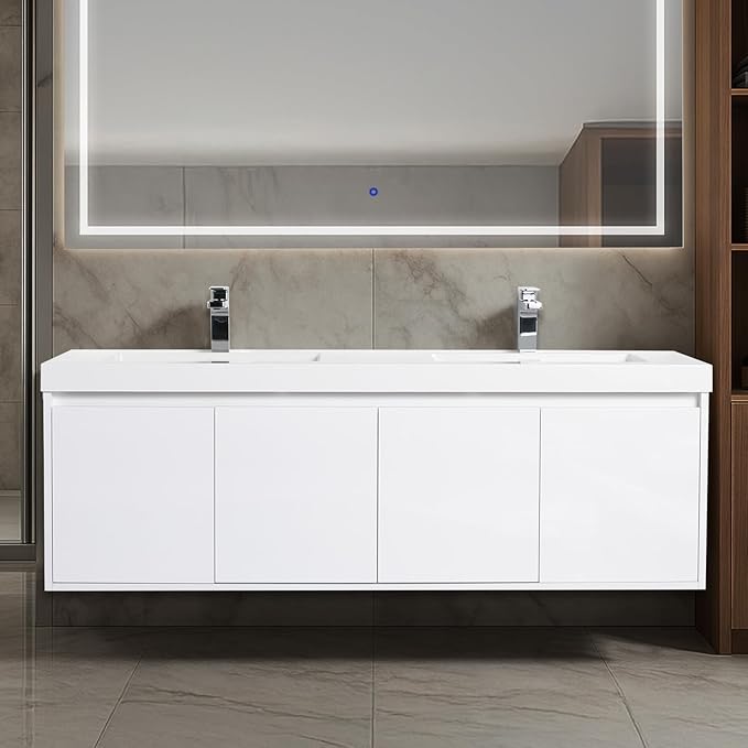 Blossom 60 Inch Wall Mounted Bathroom Vanity with Sink | Floating Wood Vanity Cabinet | Modern Soft-Close Doors & Storage | Space-Saving Design (Glossy White, 60'' Acrylic Double Sink)