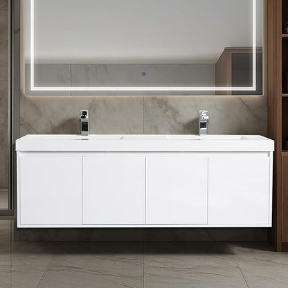Blossom 60 Inch Wall Mounted Bathroom Vanity with Sink | Floating Wood Vanity Cabinet | Modern Soft-Close Doors & Storage | Space-Saving Design (Glossy White, 60'' Acrylic Double Sink)