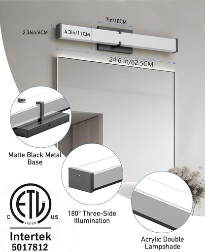 Modern Bathroom Light Fixtures 24 Inch, 25W 2500 Lumen Dimmable Bathroom Vanity Light, 5CCT Bathroom Light Bar, LED Black Vanity Light with ETL Certified