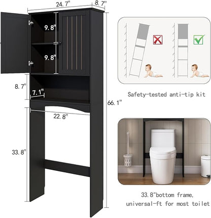 Over The Toilet Storage Cabinet for Small Bathrooms, Freestanding Space Saver with Double Doors & 2 Fixed Shelves, Stable Wood Organizer with Anti-Tip Kit, Fits 33-Inch Clearance Black