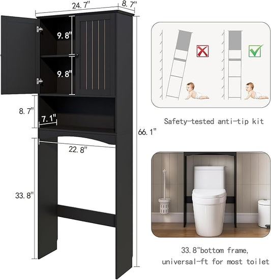Over The Toilet Storage Cabinet for Small Bathrooms, Freestanding Space Saver with Double Doors & 2 Fixed Shelves, Stable Wood Organizer with Anti-Tip Kit, Fits 33-Inch Clearance Black