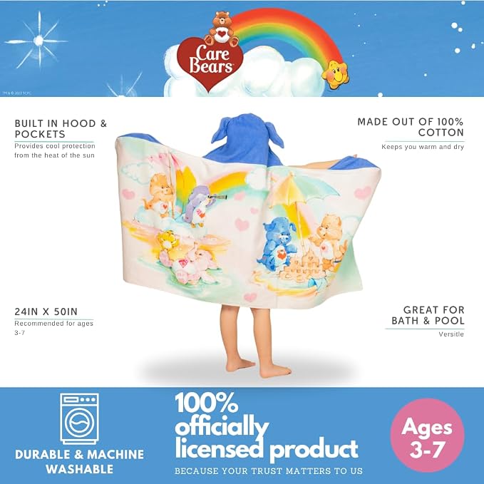 Care Bears Retro Kids Super Soft Bath/Pool/Beach Soft Cotton Terry Hooded Towel Wrap, 24 in x 50 in, (Officially Licensed Product) By Franco