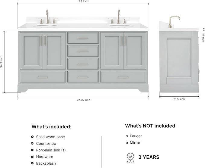ARIEL Stafford 72-inch Bathroom Vanity with Sink,Solid Wood, 1.5-inch Pure White Quartz Countertop & Backsplash, Double Oval Porcelain Sink, 4 Soft Closing Doors, 6 Dovetail Drawers, Grey