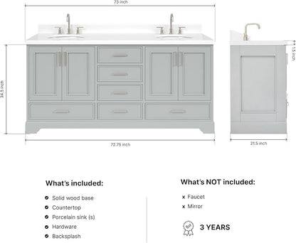 ARIEL Stafford 72-inch Bathroom Vanity with Sink,Solid Wood, 1.5-inch Pure White Quartz Countertop & Backsplash, Double Oval Porcelain Sink, 4 Soft Closing Doors, 6 Dovetail Drawers, Grey